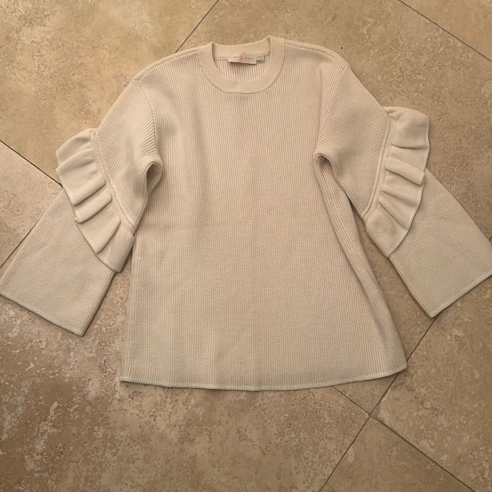 Tory Burch Ashley Ruffled Bell Sleeves Pullover Cream Sweater Size XS - Picture 3 of 13
